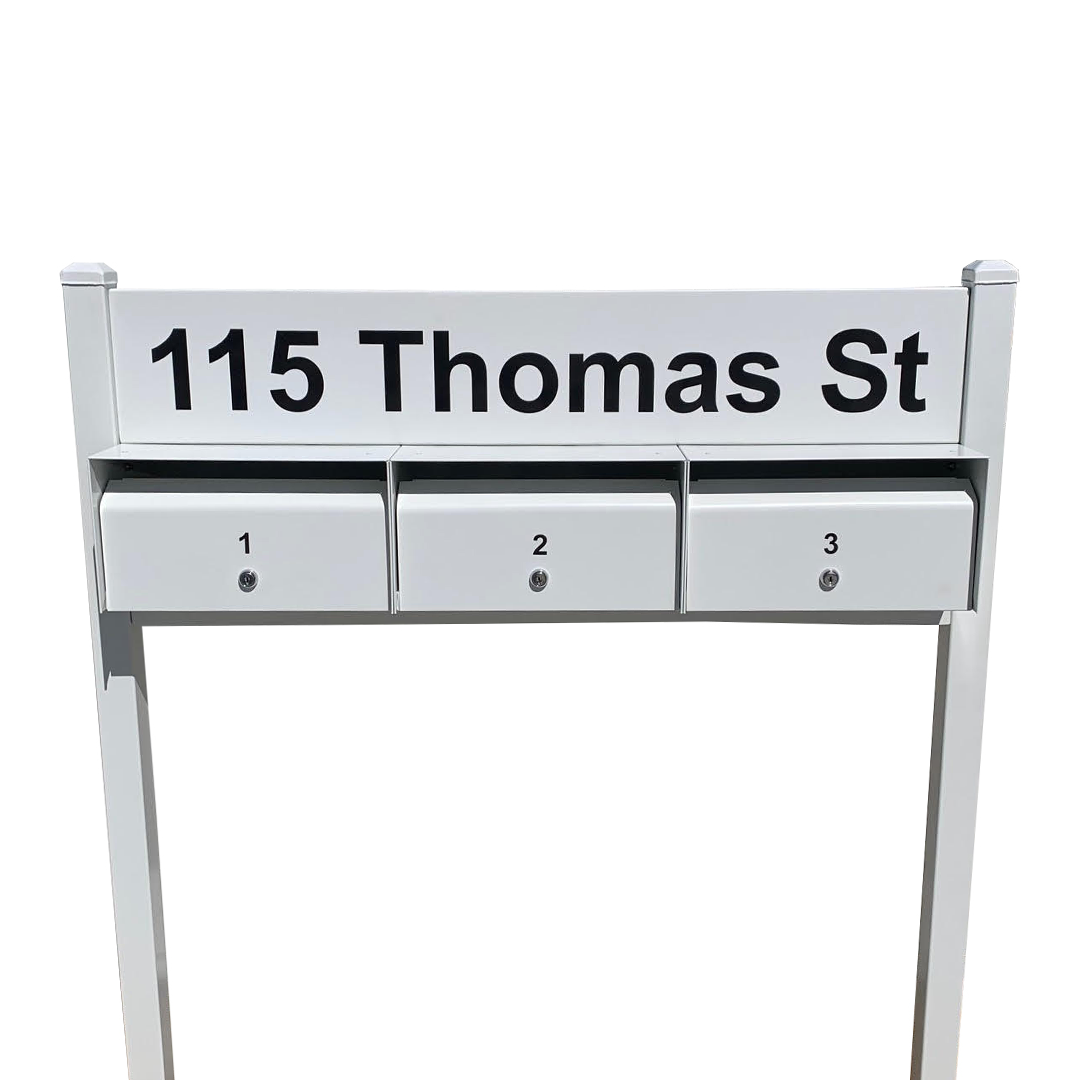 multibank letterboxes with address signage plate