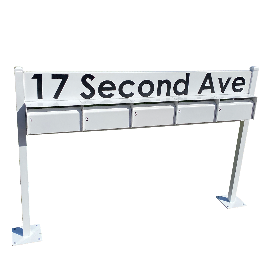 multibank letterboxes with address signage plate