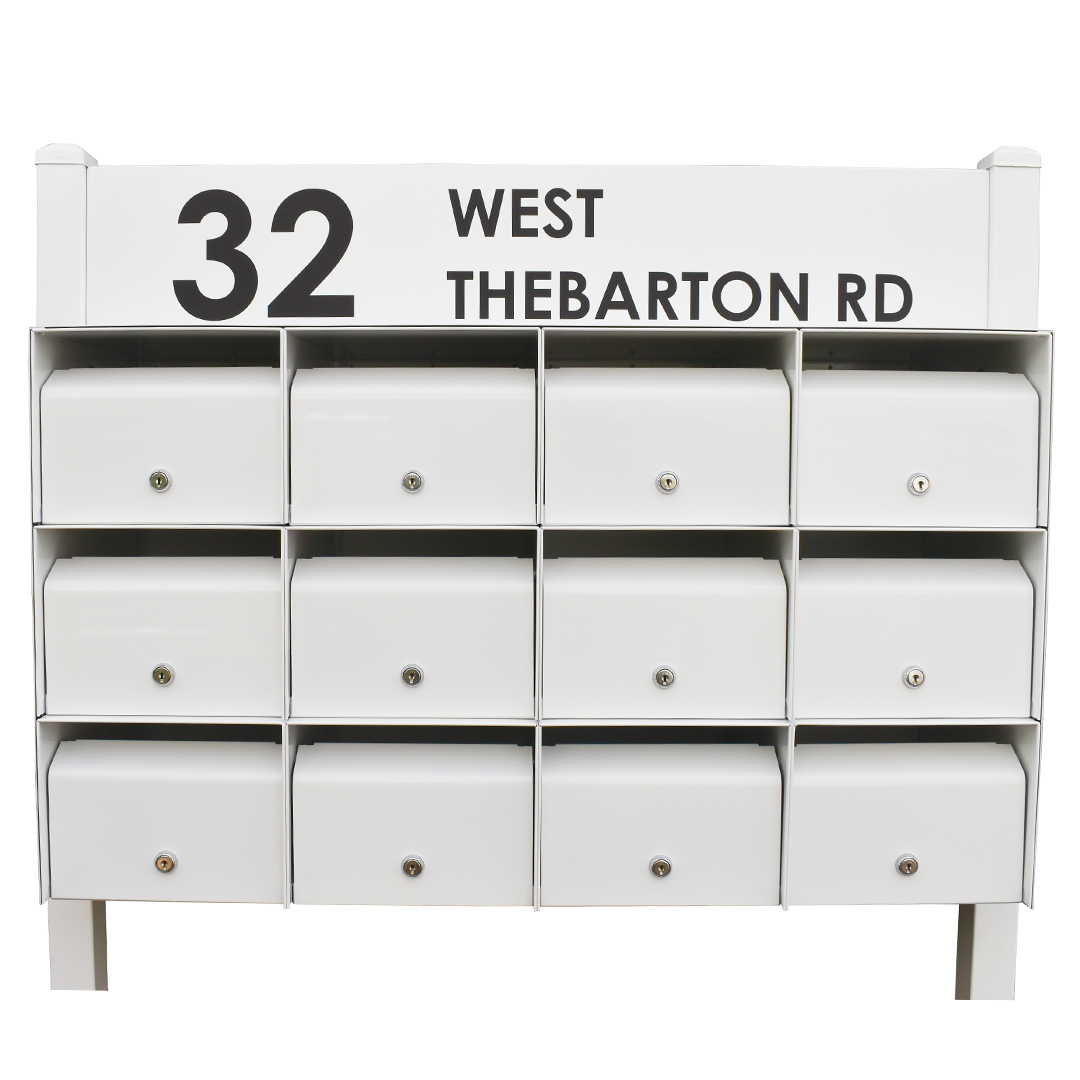 multibank letterboxes with address signage plate