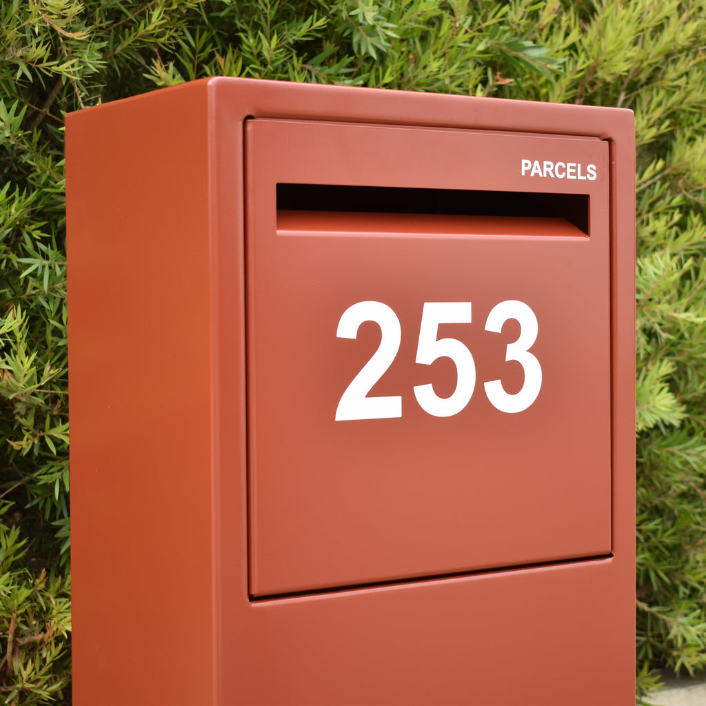 parcel box manor red powder coat vinyl white numbers